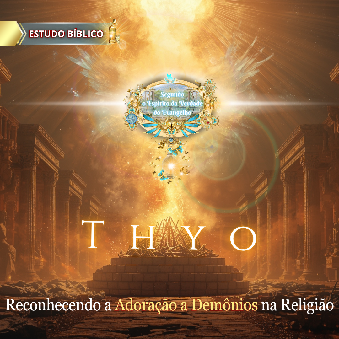 Imagem bíblica com a palavra grega "Thyô" em letras flamejantes diante de altar em chamas, cercado por discípulos e sacerdotes, simbolizando sacrifício espiritual, produzida para estudo bíblico da Deus e Nós Igreja Online.