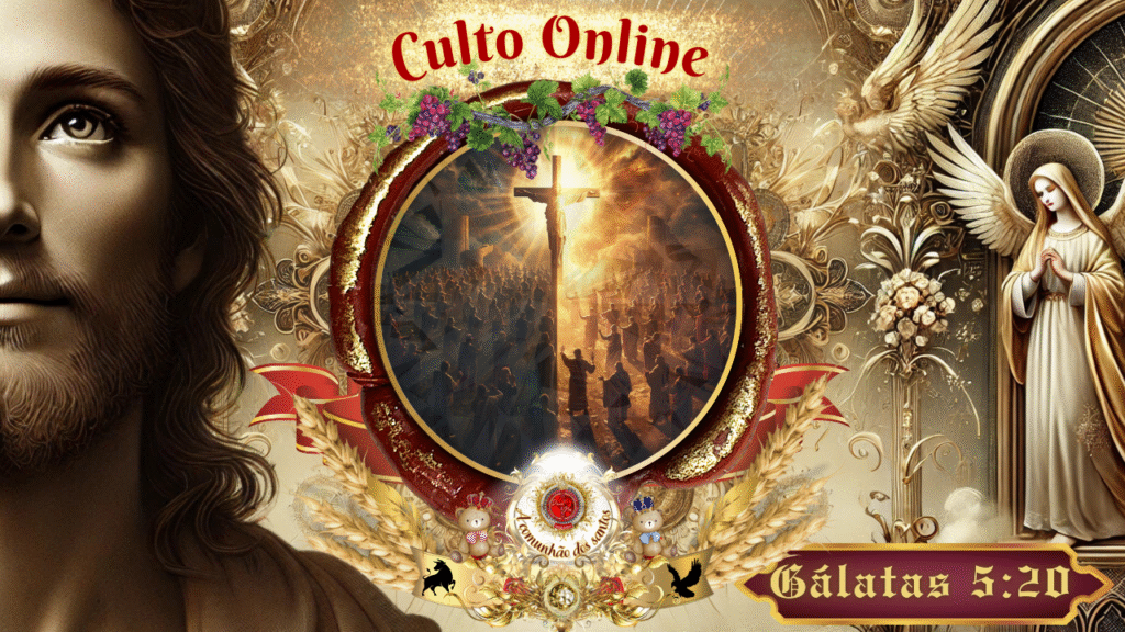 Imagem de culto online da Deus e Nós Igreja Online, com destaque para Jesus Cristo, anjos, a cruz iluminada e referência bíblica de Gálatas 5:20.