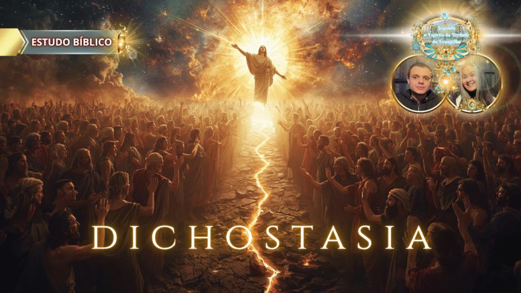 Estudo Bíblico Dichostasia – Jesus Cristo resplandecente dividindo a multidão com luz celestial, mensagem espiritual da Igreja Online Deus e Nós.