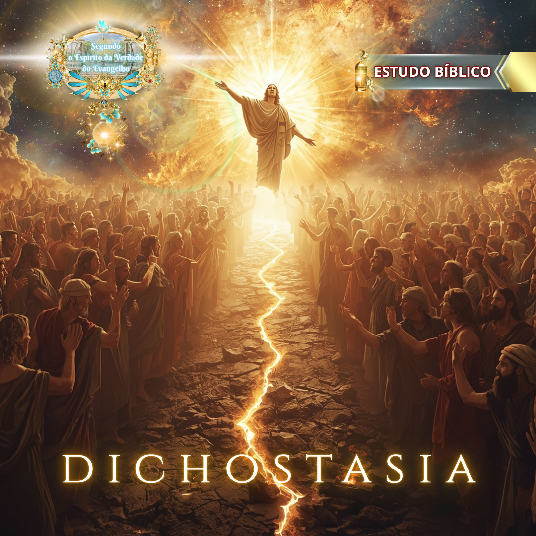 Estudo Bíblico Dichostasia – Jesus Cristo resplandecente dividindo a multidão com luz celestial, mensagem espiritual da Igreja Online Deus e Nós.