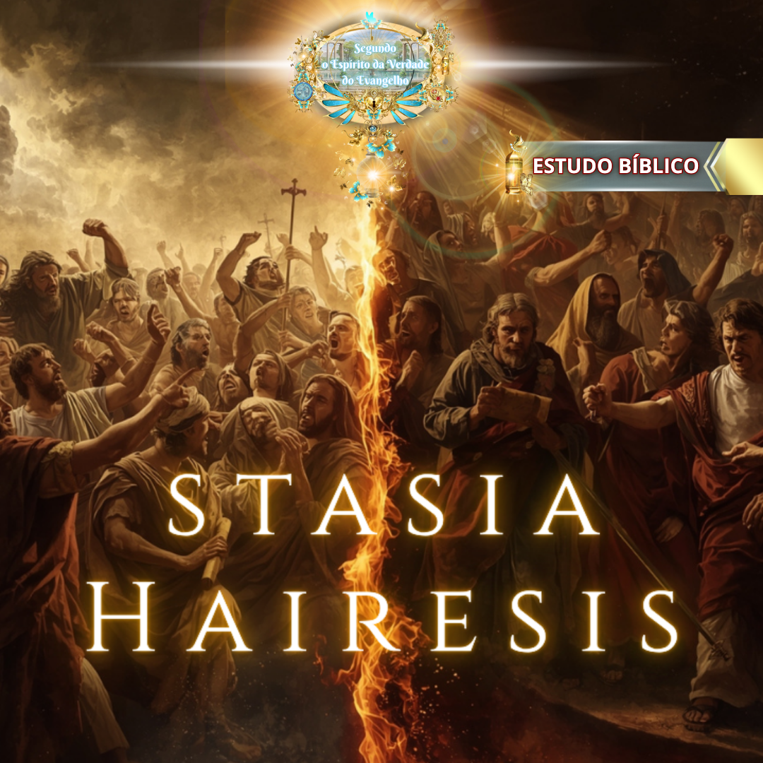 Estudo Bíblico Stasia Hairesis – multidão dividida em conflito espiritual, revelação bíblica sobre heresias em Gálatas 5:20 pela Igreja Online Deus e Nós.