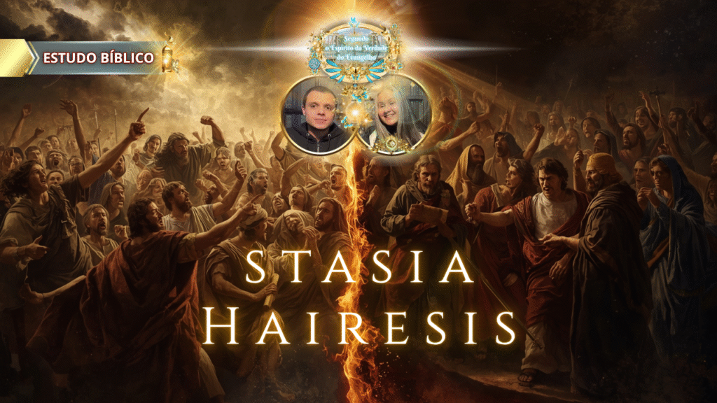Estudo Bíblico Stasia Hairesis – multidão dividida em conflito espiritual, revelação bíblica sobre heresias em Gálatas 5:20 pela Igreja Online Deus e Nós.