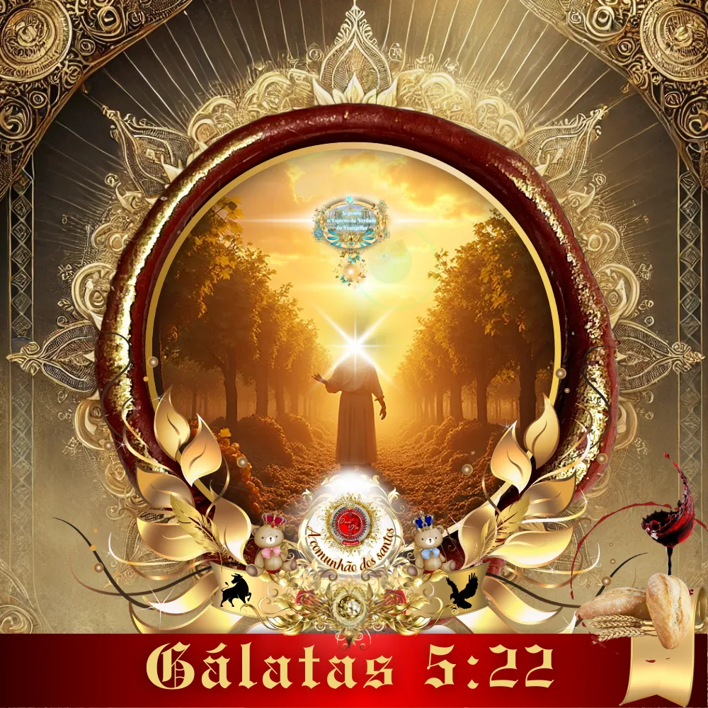 Culto Online sobre Gálatas 5:22 – imagem de Jesus Cristo iluminado pela luz divina em vinhedo, anjos e símbolos bíblicos, pela Deus e Nós Igreja Online.
