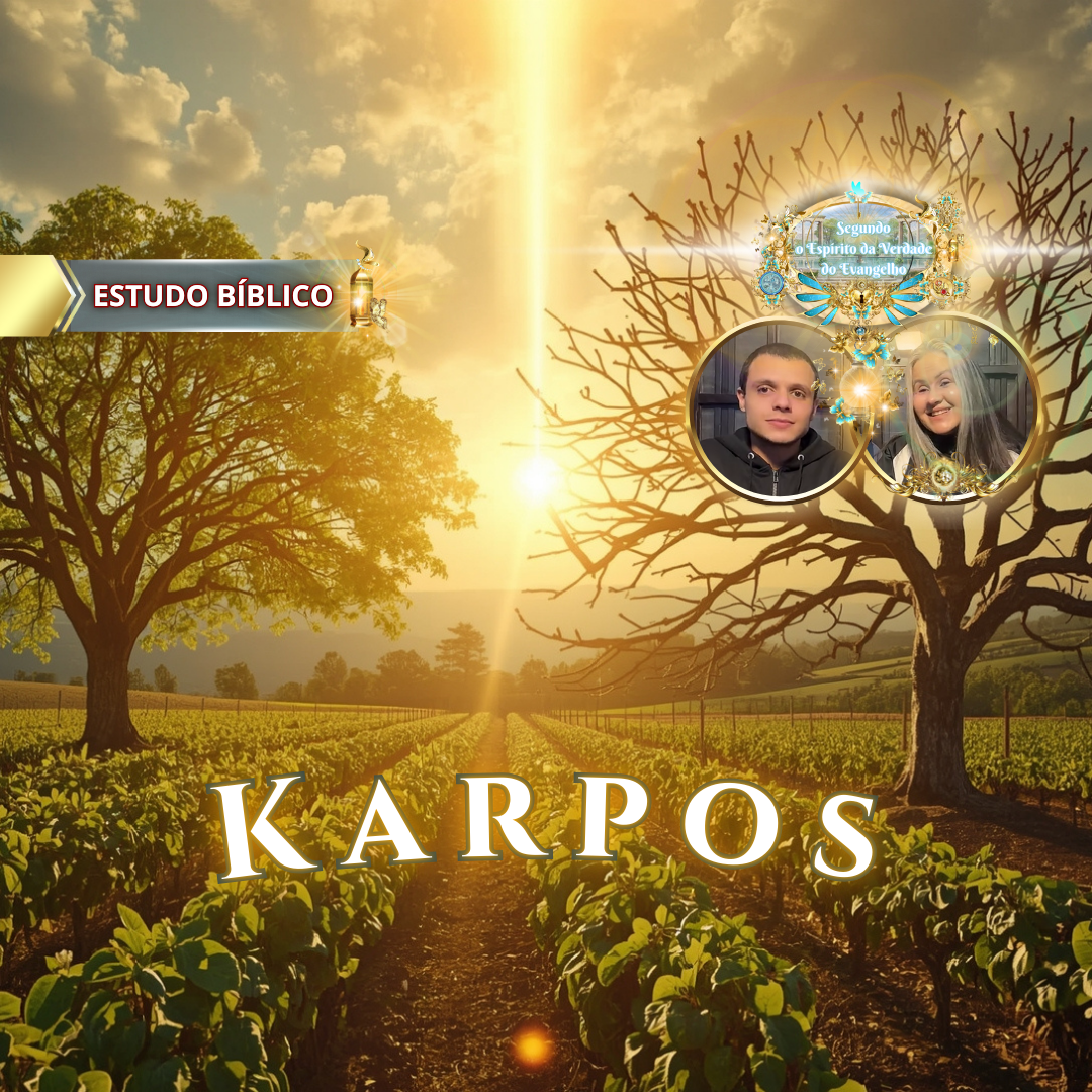 Imagem de estudo bíblico sobre “Karpos”, fruto do Espírito, com árvores ao nascer do sol, destacando a diferença entre árvore frutífera e árvore seca, simbolizando Gálatas 5:22, pela Deus e Nós Igreja Online.