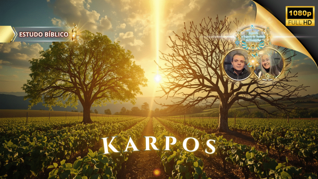 Imagem de estudo bíblico sobre “Karpos”, fruto do Espírito, com árvores ao nascer do sol, destacando a diferença entre árvore frutífera e árvore seca, simbolizando Gálatas 5:22, pela Deus e Nós Igreja Online.