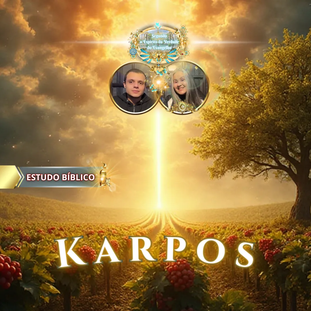 Imagem de estudo bíblico sobre “Karpos” (fruto do Espírito), com videira frutífera, árvore verde e luz celestial em forma de cruz iluminando o campo, simbolizando Gálatas 5:22, pela Deus e Nós Igreja Online.