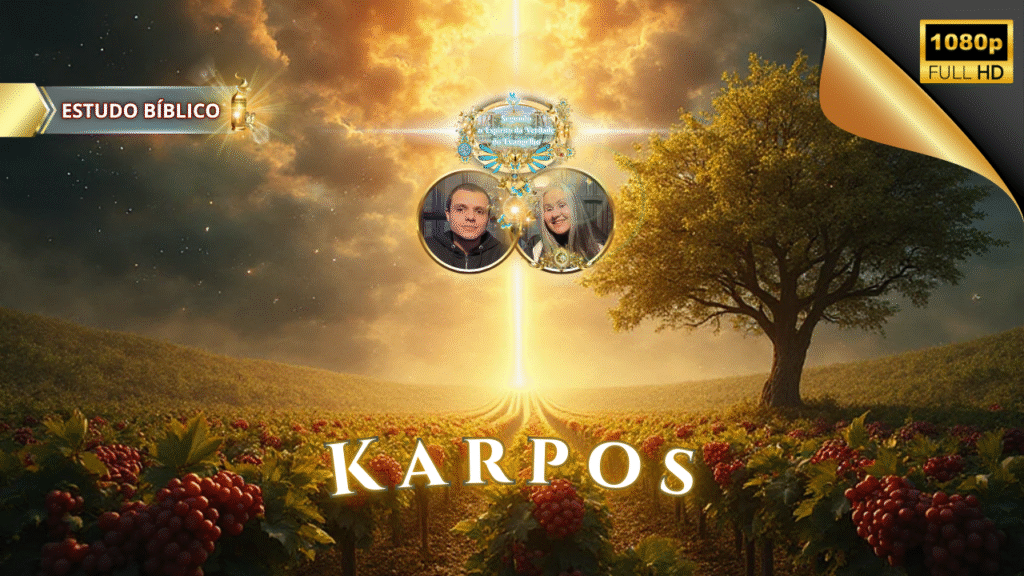 Imagem de estudo bíblico sobre “Karpos” (fruto do Espírito), com videira frutífera, árvore verde e luz celestial em forma de cruz iluminando o campo, simbolizando Gálatas 5:22, pela Deus e Nós Igreja Online.