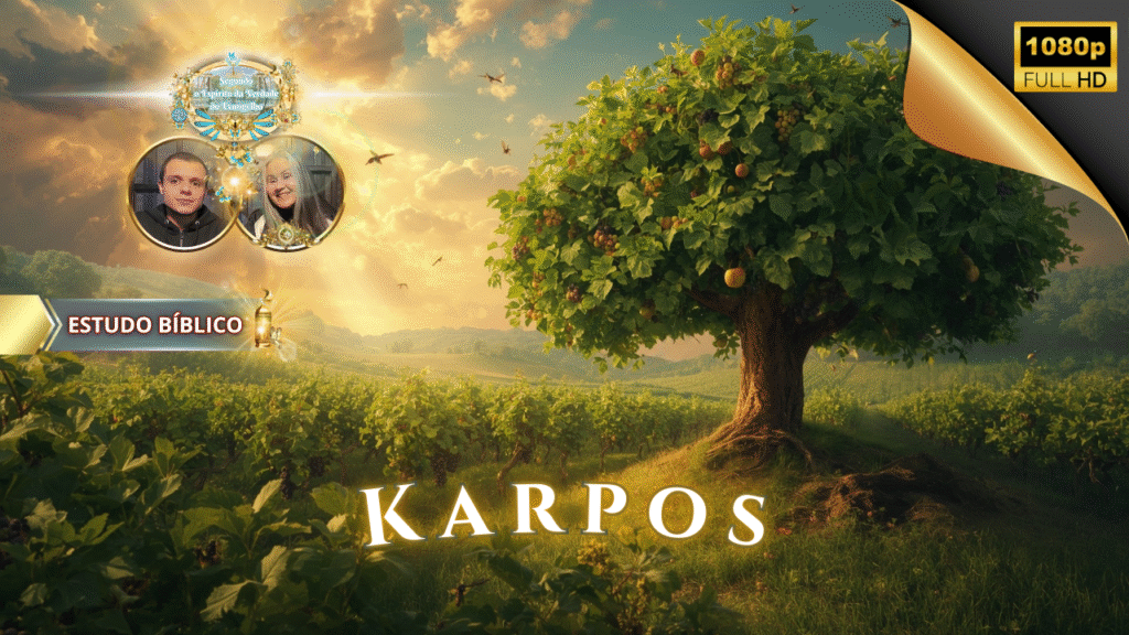 Estudo bíblico Karpos em Gálatas 5:22 – árvore frutífera iluminada pelo sol, vinhedo e luz divina, representando o fruto do Espírito Santo, pela Deus e Nós Igreja Online.