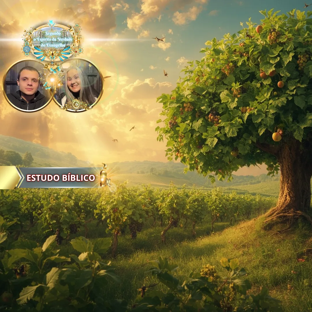 Estudo bíblico Karpos em Gálatas 5:22 – árvore frutífera iluminada pelo sol, vinhedo e luz divina, representando o fruto do Espírito Santo, pela Deus e Nós Igreja Online.