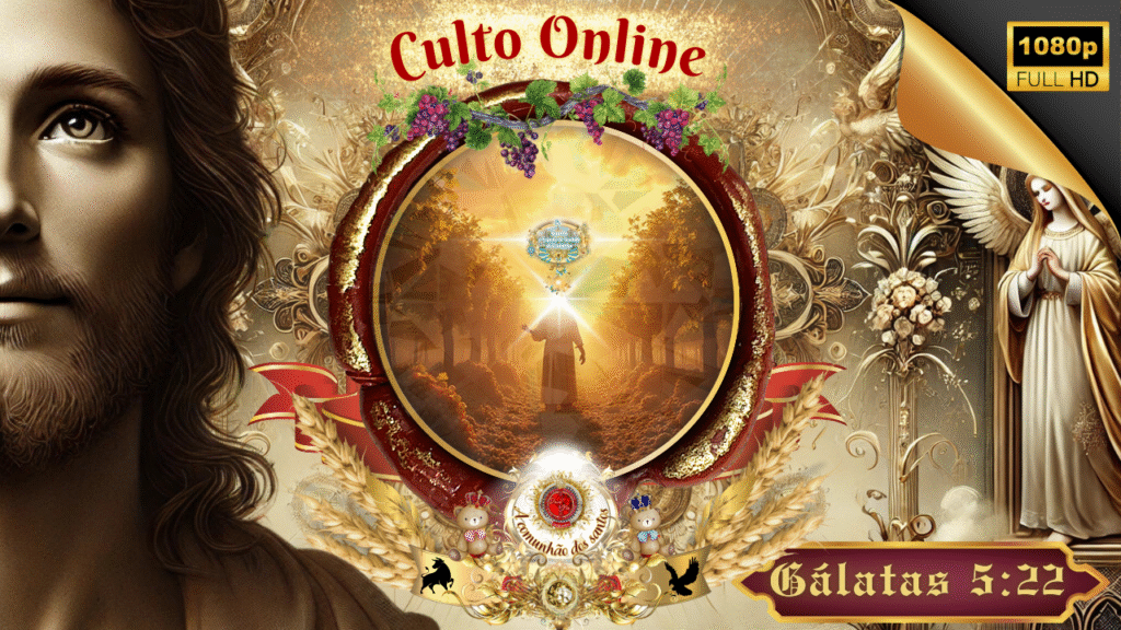 Culto Online sobre Gálatas 5:22 – imagem de Jesus Cristo iluminado pela luz divina em vinhedo, anjos e símbolos bíblicos, pela Deus e Nós Igreja Online.