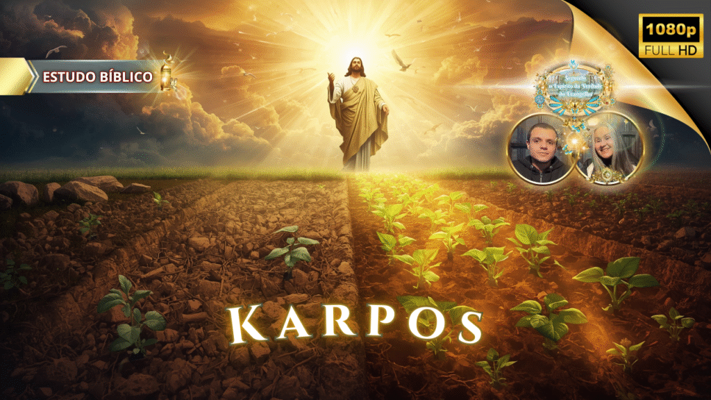 Jesus Cristo iluminado pela glória divina em campo fértil, representando o fruto espiritual Karpos de Gálatas 5:22, estudo bíblico da Deus e Nós Igreja Online.