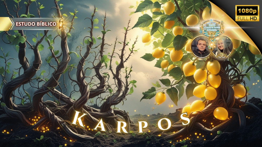 Videira frutífera iluminada pela luz divina, contrastando com ramos secos, simbolizando Karpos em Gálatas 5:22 — estudo bíblico da Deus e Nós Igreja Online.