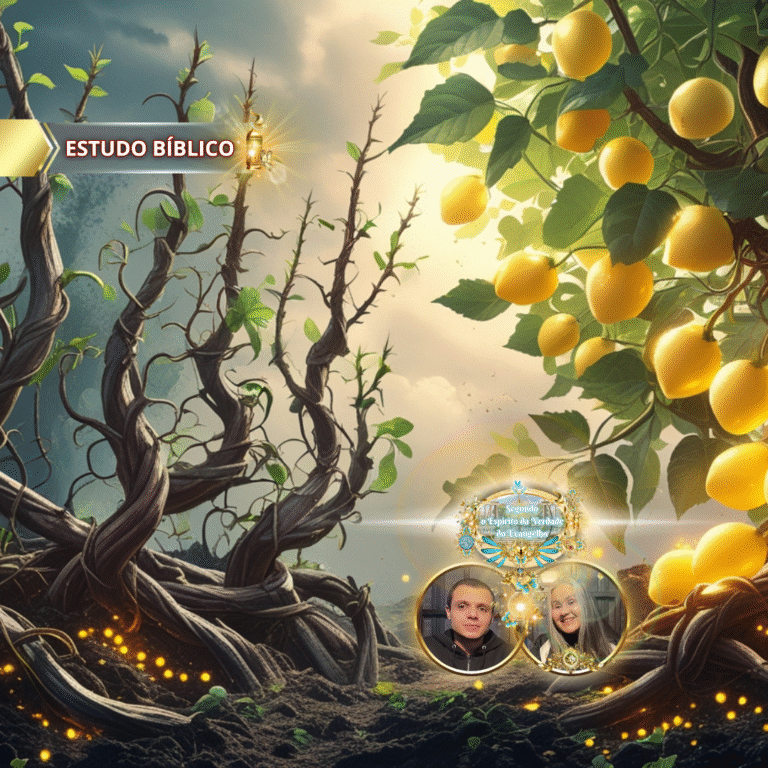 Videira frutífera iluminada pela luz divina, contrastando com ramos secos, simbolizando Karpos em Gálatas 5:22 — estudo bíblico da Deus e Nós Igreja Online.