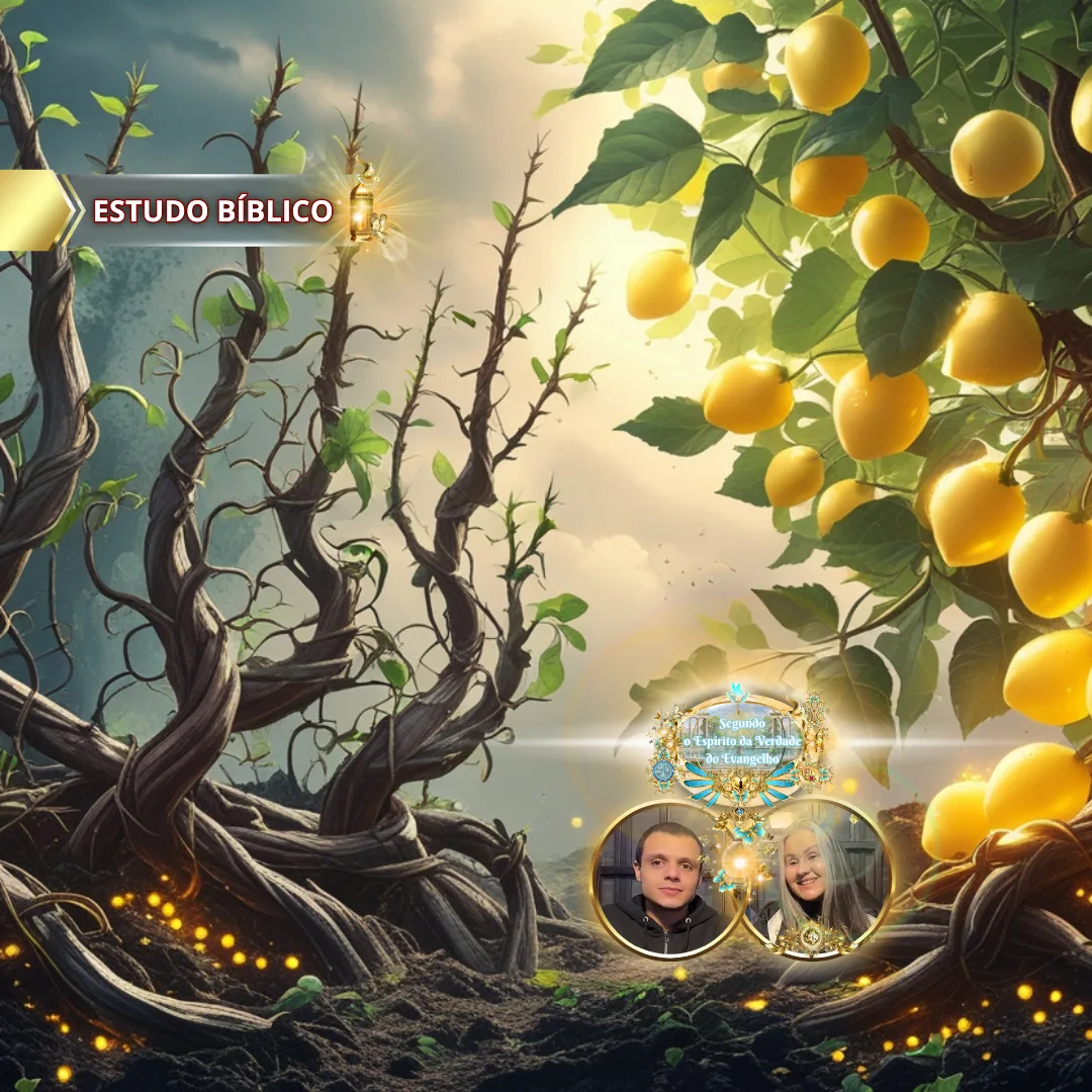 Videira frutífera iluminada pela luz divina, contrastando com ramos secos, simbolizando Karpos em Gálatas 5:22 — estudo bíblico da Deus e Nós Igreja Online.