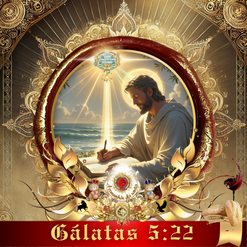 Jesus Cristo escrevendo à luz divina do Espírito Santo — imagem celestial do culto online sobre Gálatas 5:22, produzido pela Deus e Nós Igreja Online, representando o fruto do Espírito e a comunhão dos santos.