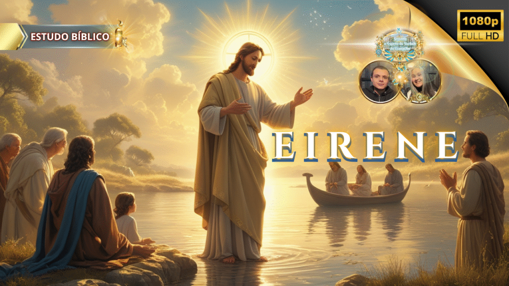 Jesus Cristo ressurreto ensinando sobre a paz divina — Eirēnē — às margens do lago, cercado por discípulos, sob luz celestial, representando o fruto do Espírito em Gálatas 5:22.