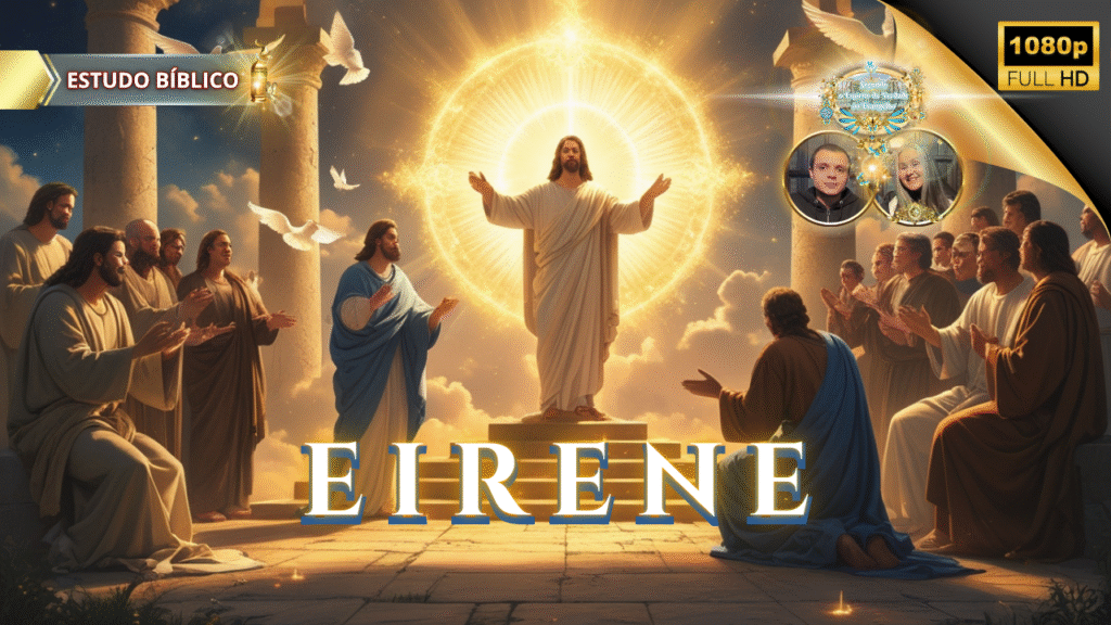 Jesus Cristo ressurreto irradiando luz divina e celestial — Eirēnē, a paz do Espírito Santo — cercado por discípulos e pombas brancas, simbolizando o fruto do Espírito em Gálatas 5:22.