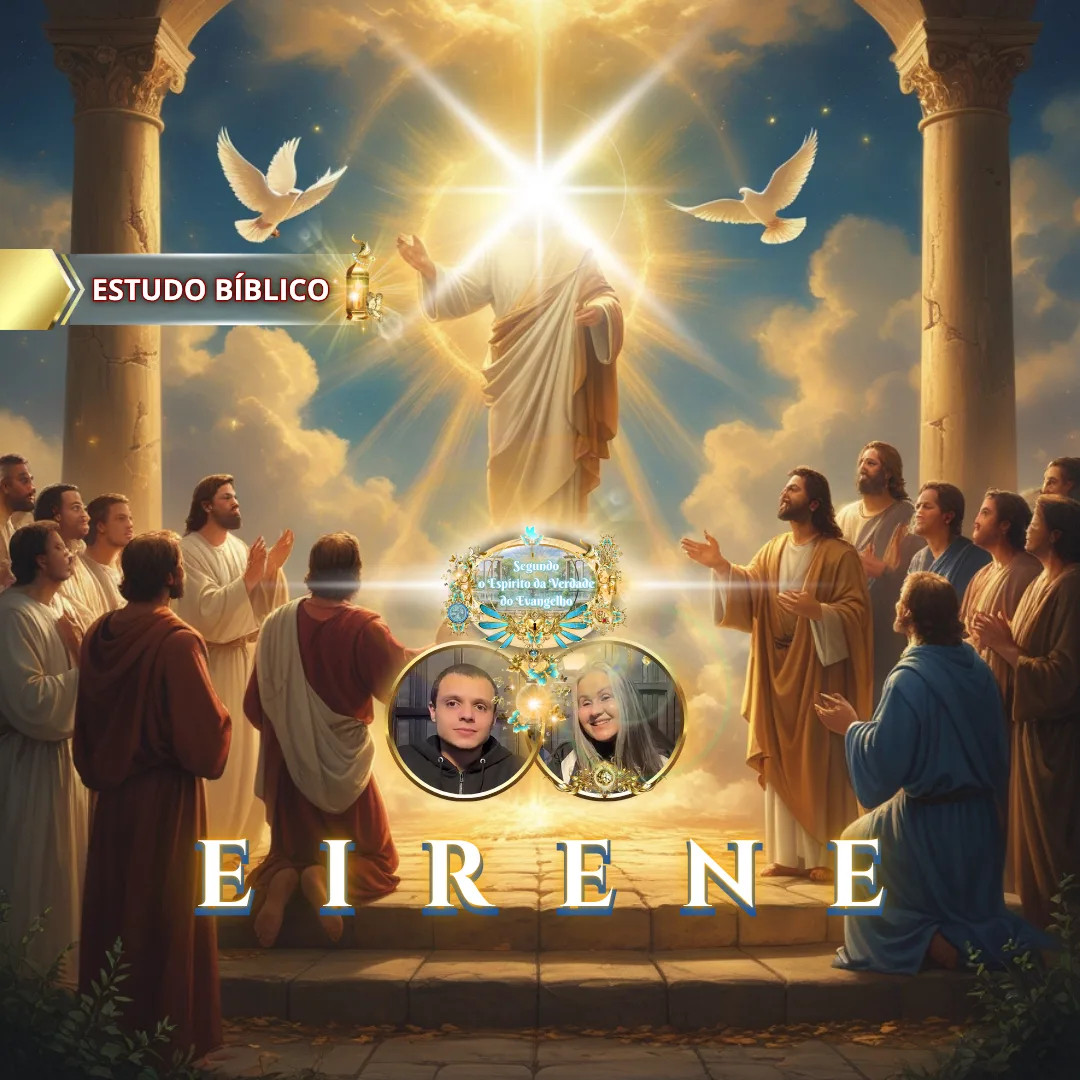 Jesus Cristo ressurreto irradiando luz divina e celestial — Eirēnē, a paz do Espírito Santo — cercado por discípulos e pombas brancas, simbolizando o fruto do Espírito em Gálatas 5:22.