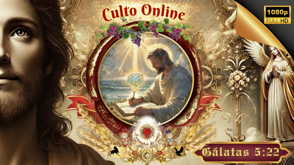 Jesus Cristo escrevendo à luz divina do Espírito Santo — imagem celestial do culto online sobre Gálatas 5:22, produzido pela Deus e Nós Igreja Online, representando o fruto do Espírito e a comunhão dos santos.
