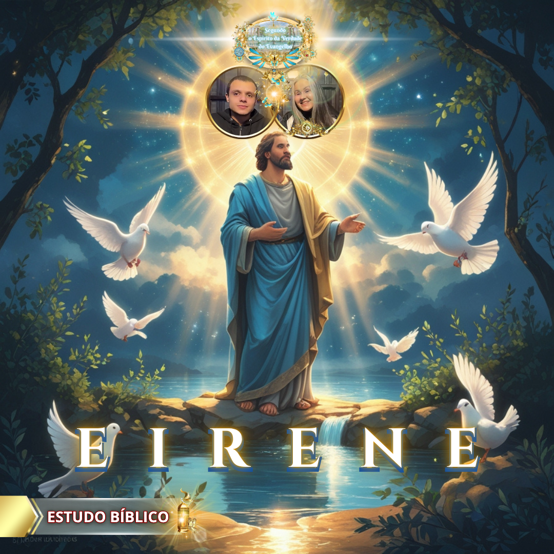 Jesus Cristo resplandecendo em luz celestial com pombas brancas ao redor, simbolizando a paz divina “Eirēnē” de Gálatas 5:22 — imagem do estudo bíblico da Deus e Nós Igreja Online sobre o fruto do Espírito Santo.