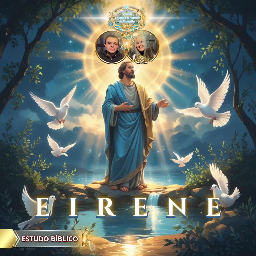 Jesus Cristo resplandecendo em luz celestial com pombas brancas ao redor, simbolizando a paz divina “Eirēnē” de Gálatas 5:22 — imagem do estudo bíblico da Deus e Nós Igreja Online sobre o fruto do Espírito Santo.