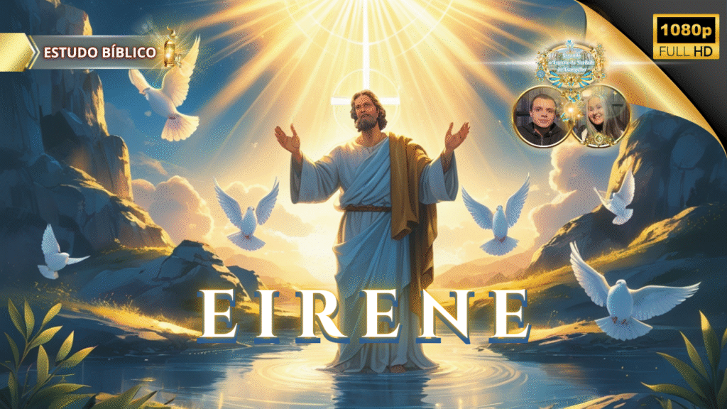 Jesus Cristo resplandecendo em luz celestial com pombas brancas ao redor, simbolizando a paz divina “Eirēnē” de Gálatas 5:22 — imagem do estudo bíblico da Deus e Nós Igreja Online sobre o fruto do Espírito Santo.