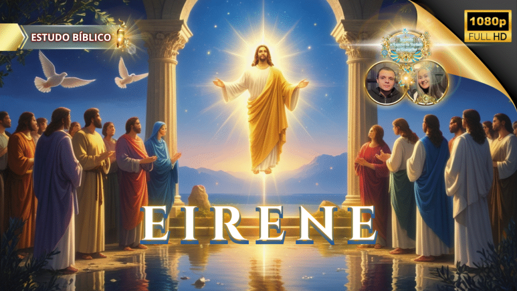 Jesus Cristo glorificado ascendendo em luz celestial entre os discípulos, simbolizando EIRENE — a paz do Espírito Santo descrita em Gálatas 5:22, com pombas brancas e brilho divino, em arte sagrada da Deus e Nós Igreja Online.
