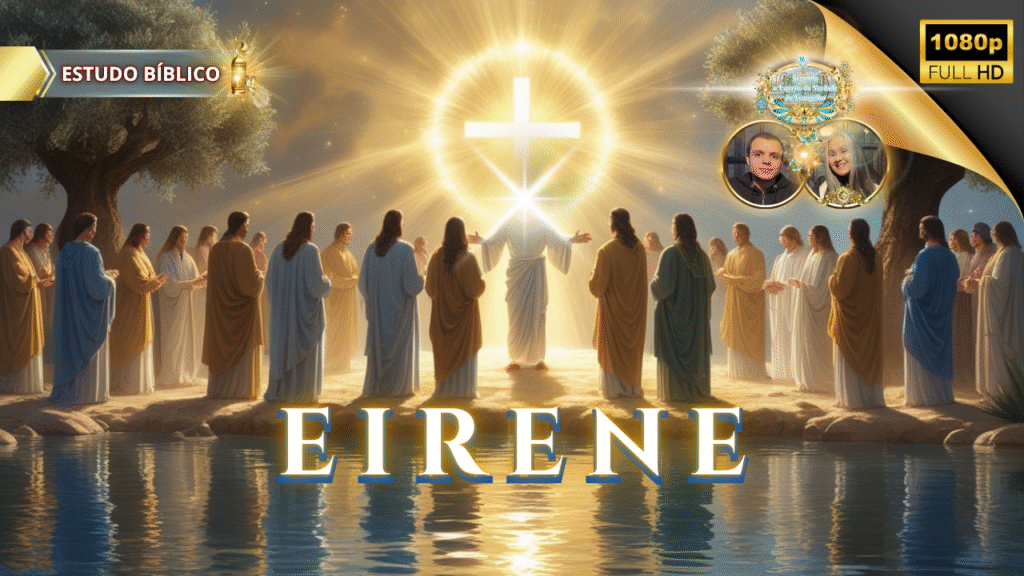 Jesus glorificado entre os discípulos irradiando luz divina diante da cruz brilhante, simbolizando o fruto do Espírito Santo — EIRENE, a paz de Deus, conforme Gálatas 5:22.