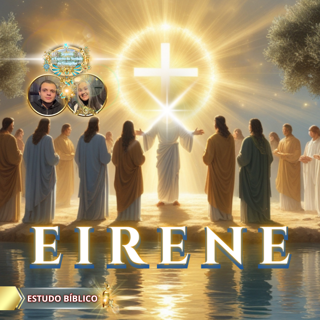 Jesus glorificado entre os discípulos irradiando luz divina diante da cruz brilhante, simbolizando o fruto do Espírito Santo — EIRENE, a paz de Deus, conforme Gálatas 5:22.