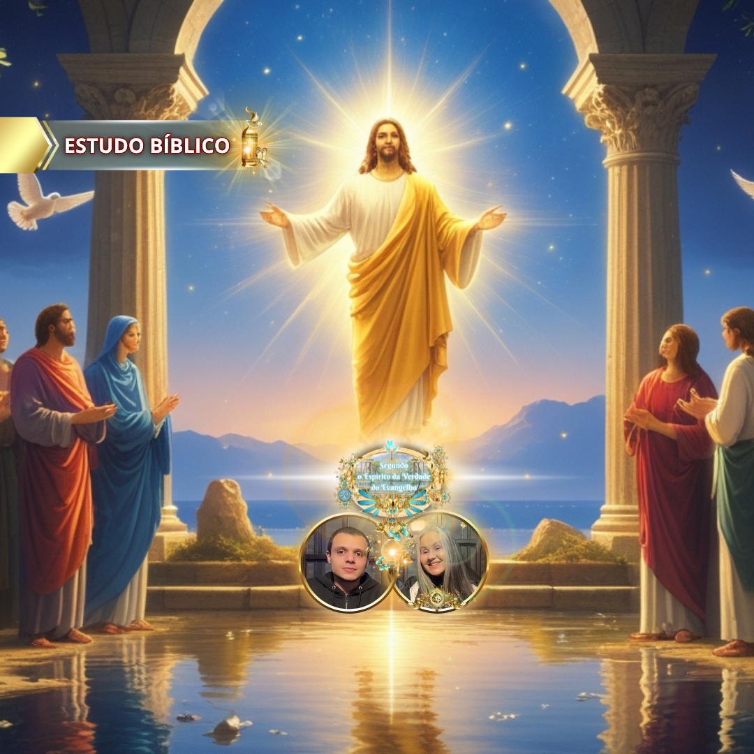 Jesus Cristo glorificado ascendendo em luz celestial entre os discípulos, simbolizando EIRENE — a paz do Espírito Santo descrita em Gálatas 5:22, com pombas brancas e brilho divino, em arte sagrada da Deus e Nós Igreja Online.