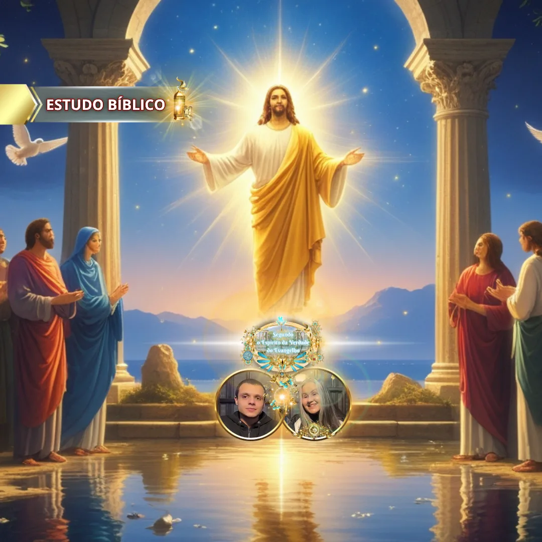 Jesus Cristo glorificado ascendendo em luz celestial entre os discípulos, simbolizando EIRENE — a paz do Espírito Santo descrita em Gálatas 5:22, com pombas brancas e brilho divino, em arte sagrada da Deus e Nós Igreja Online.