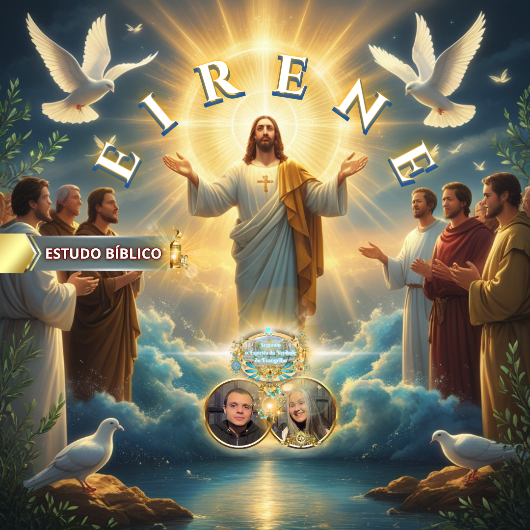 Jesus Cristo entronizado em glória, vestido de azul e dourado, com pombas brancas voando ao redor e discípulos reunidos diante d’Ele, simbolizando EIRENE — a paz divina do Espírito Santo revelada em Gálatas 5:22. Arte bíblica da Deus e Nós Igreja Online.