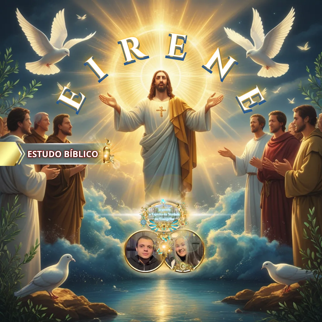 Jesus Cristo entronizado em glória, vestido de azul e dourado, com pombas brancas voando ao redor e discípulos reunidos diante d’Ele, simbolizando EIRENE — a paz divina do Espírito Santo revelada em Gálatas 5:22. Arte bíblica da Deus e Nós Igreja Online.