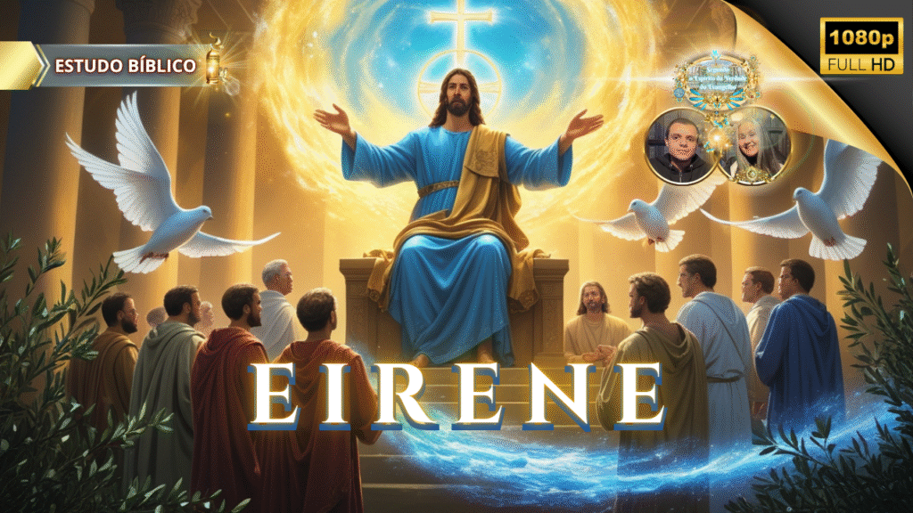 Jesus Cristo entronizado em glória, vestido de azul e dourado, com pombas brancas voando ao redor e discípulos reunidos diante d’Ele, simbolizando EIRENE — a paz divina do Espírito Santo revelada em Gálatas 5:22. Arte bíblica da Deus e Nós Igreja Online.