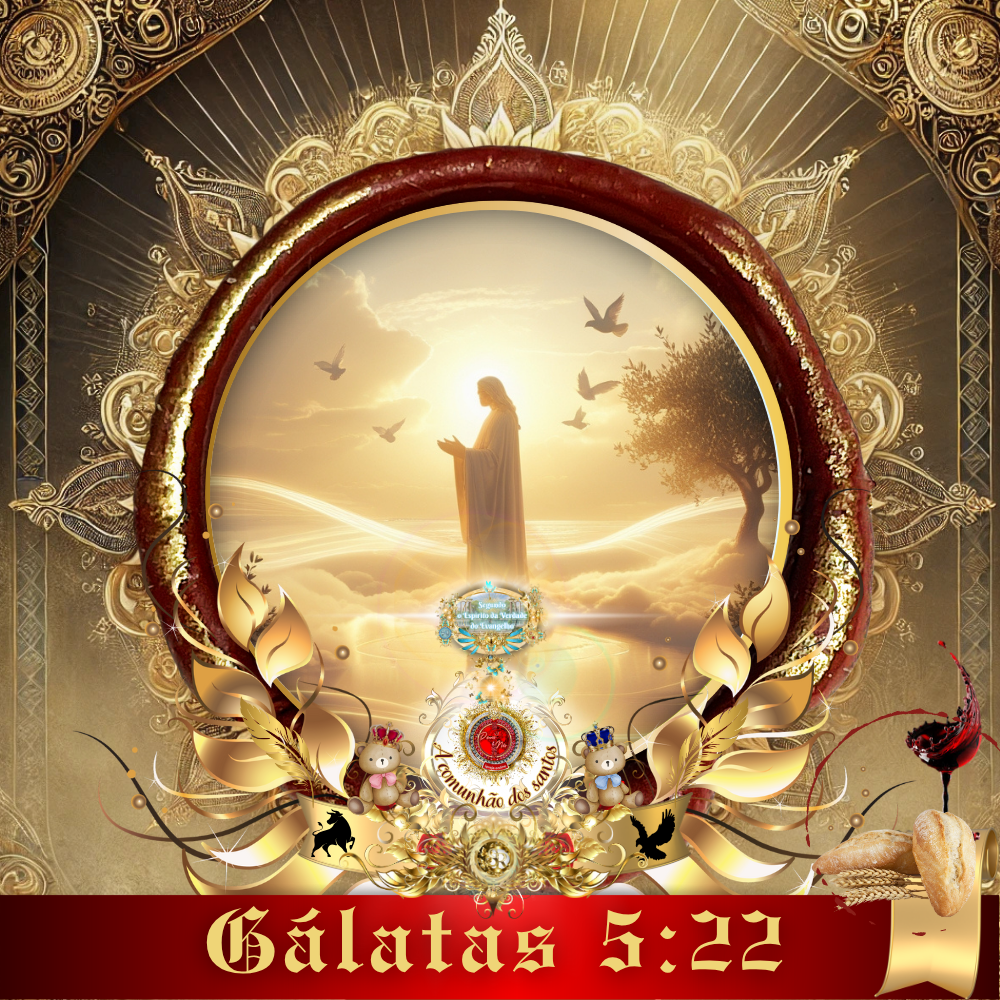 Imagem cristã representando o fruto do Espírito Santo conforme Gálatas 5:22, com Jesus envolto em luz celestial entre anjos e natureza dourada, destacando o tema ‘Culto Online’ da Deus e Nós Igreja Online.