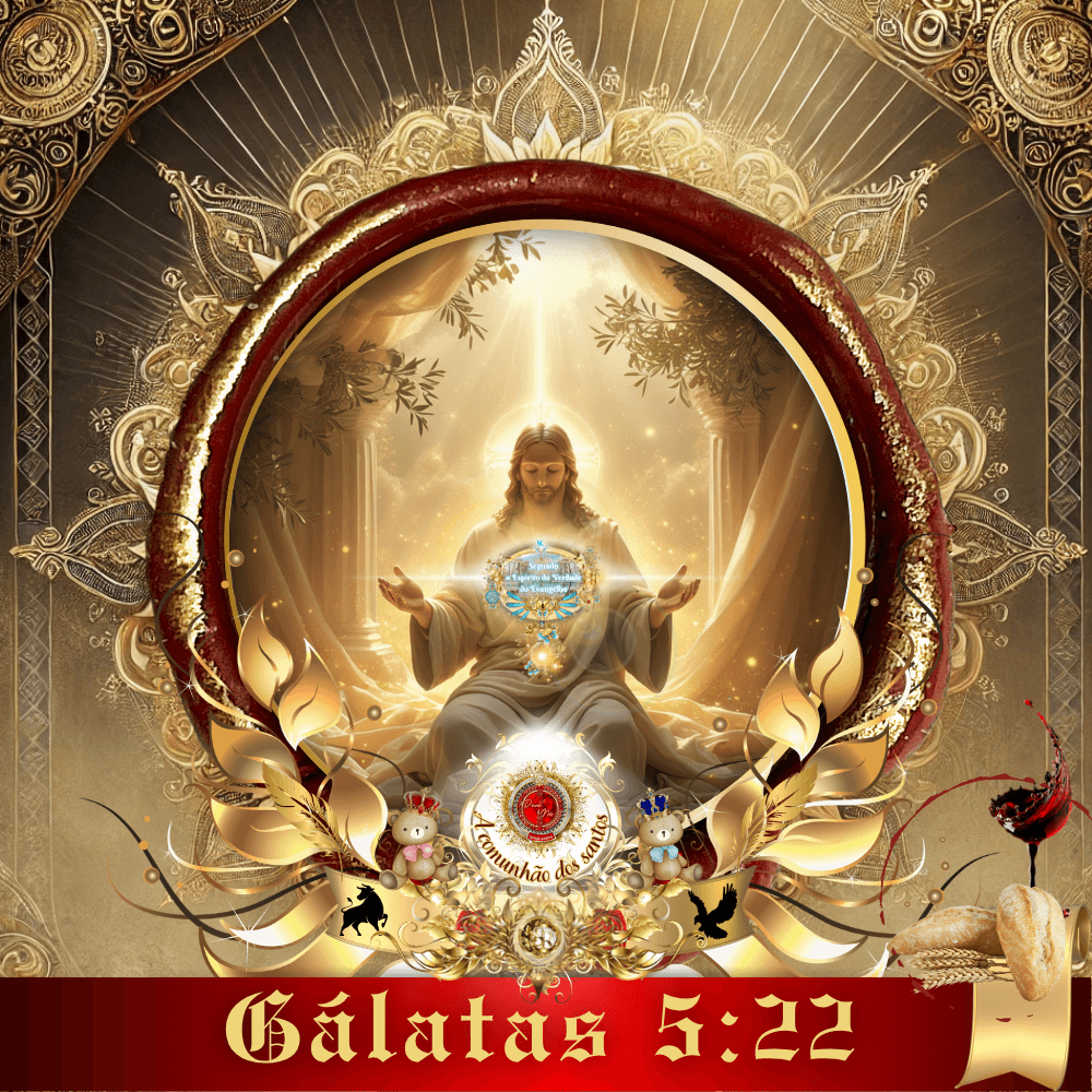 Representação de Jesus entronizado em luz divina durante um culto online, com elementos de ceifa, uvas e anjos, ilustrando o Fruto do Espírito em Gálatas 5:22.