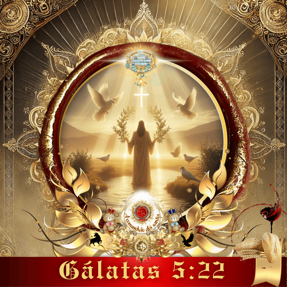 Arte cristã representando Jesus em adoração com pombas e luz celestial, destacando Gálatas 5:22 no Culto Online da Deus e Nós Igreja Online.