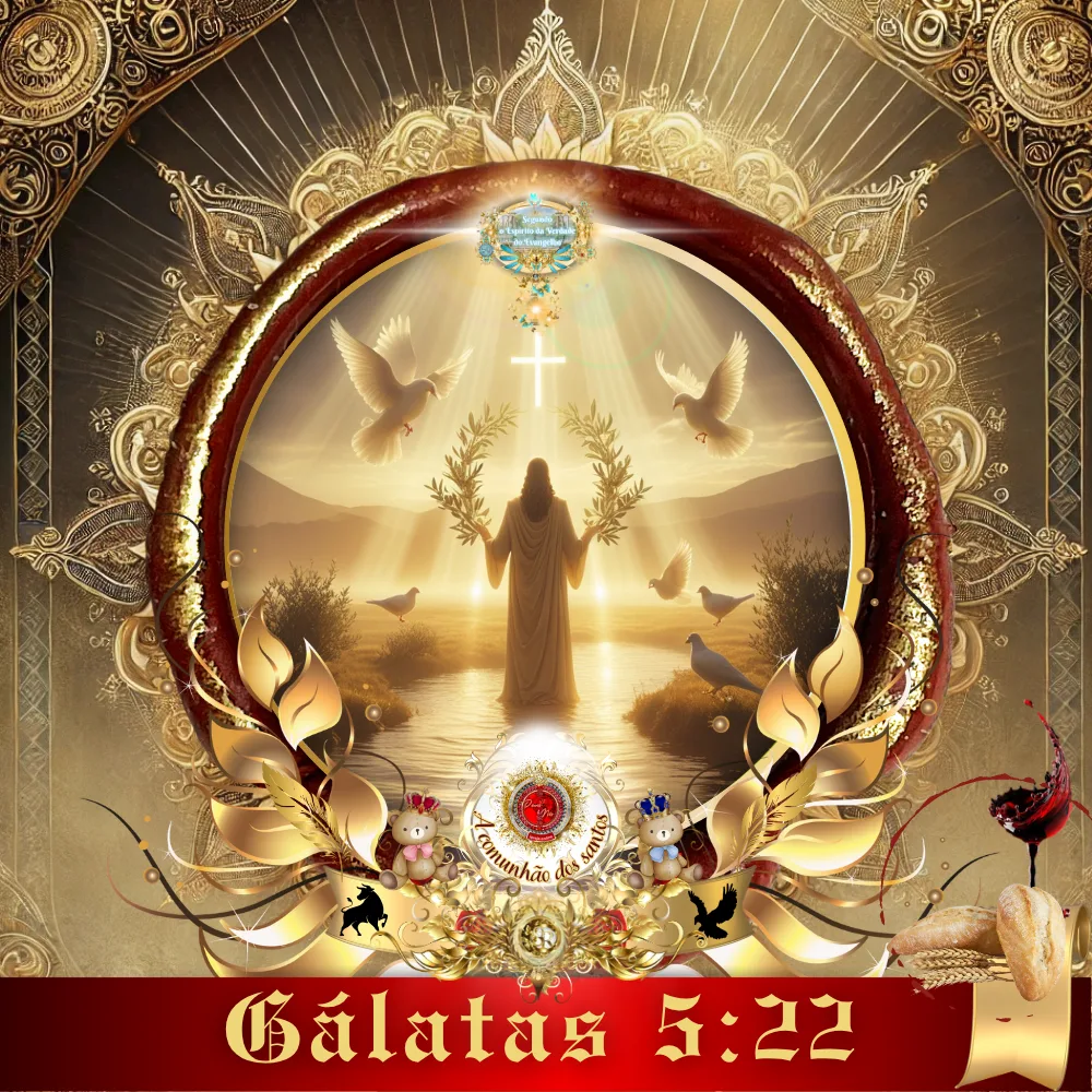 Arte cristã representando Jesus em adoração com pombas e luz celestial, destacando Gálatas 5:22 no Culto Online da Deus e Nós Igreja Online.