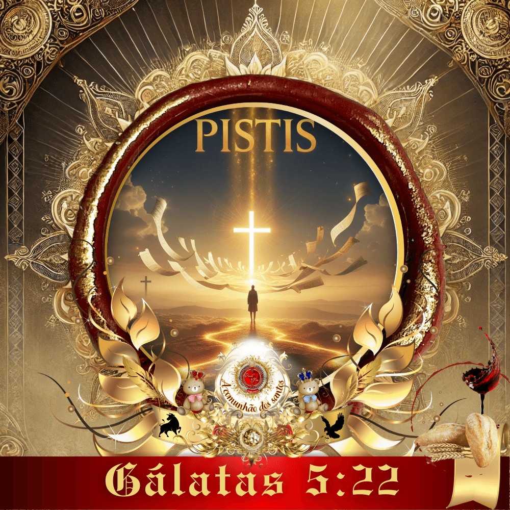 Arte cristã representando Jesus, culto online da Deus e Nós Igreja Online, destacando Gálatas 5:22 e o fruto do Espírito Santo – pistis, fé e fidelidade na vida espiritual.