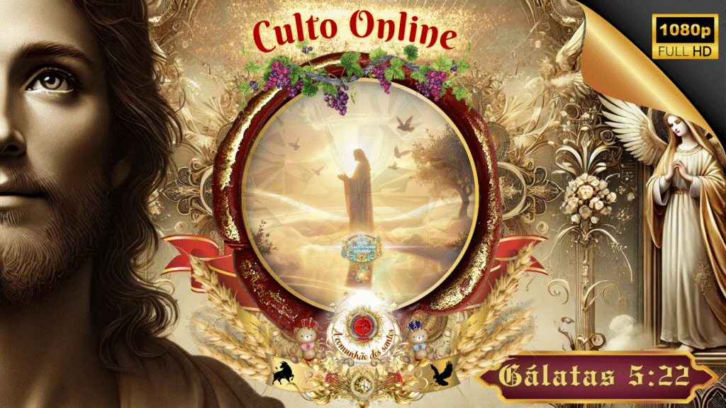 Imagem cristã representando o fruto do Espírito Santo conforme Gálatas 5:22, com Jesus envolto em luz celestial entre anjos e natureza dourada, destacando o tema ‘Culto Online’ da Deus e Nós Igreja Online.