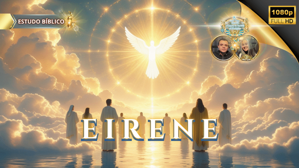 Imagem cristã representando o Espírito Santo em forma de pomba radiante sobre nuvens celestiais, simbolizando a paz divina — Eirene — conforme Gálatas 5:22, apresentada no Estudo Bíblico da Deus e Nós Igreja Online.