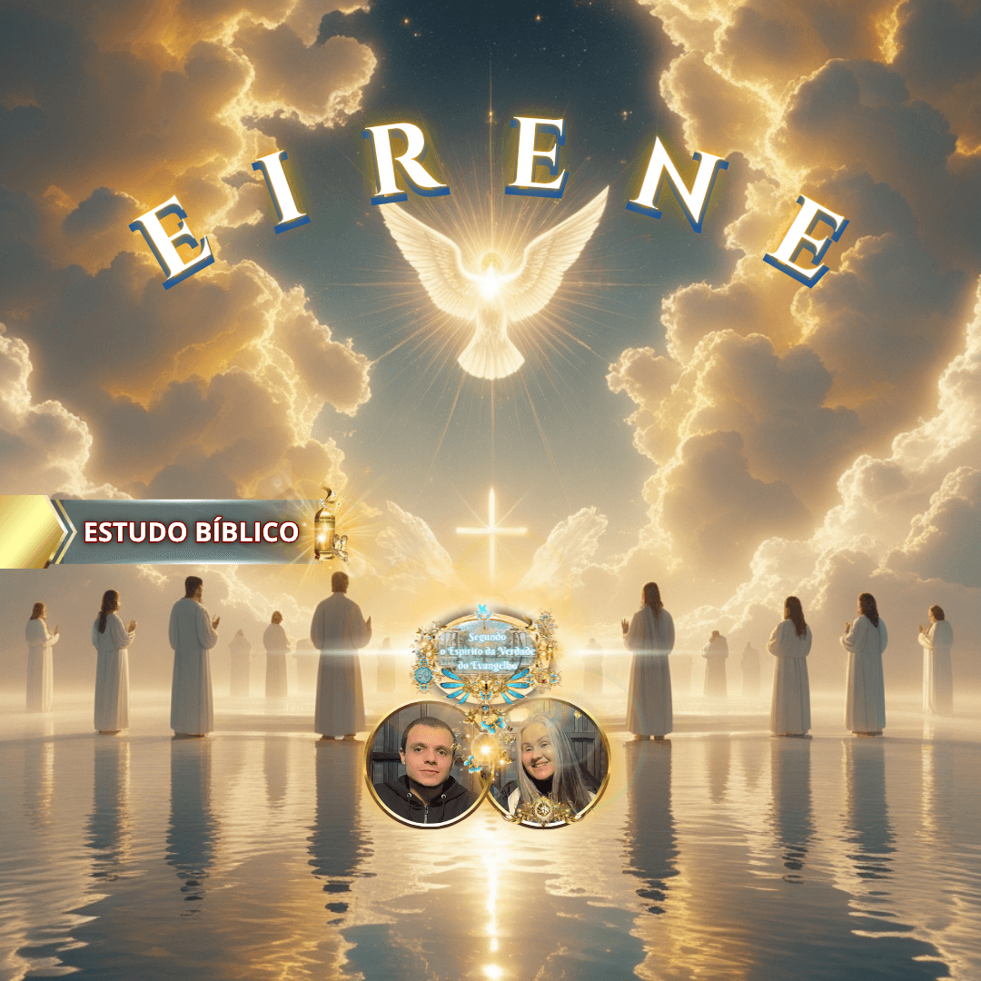 Imagem cristã representando o Espírito Santo em forma de pomba radiante sobre nuvens celestiais, simbolizando a paz divina — Eirene — conforme Gálatas 5:22, apresentada no Estudo Bíblico da Deus e Nós Igreja Online.