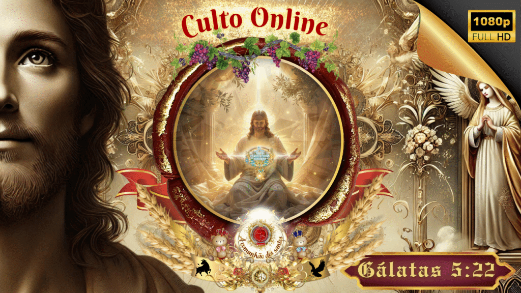 Representação de Jesus entronizado em luz divina durante um culto online, com elementos de ceifa, uvas e anjos, ilustrando o Fruto do Espírito em Gálatas 5:22.
