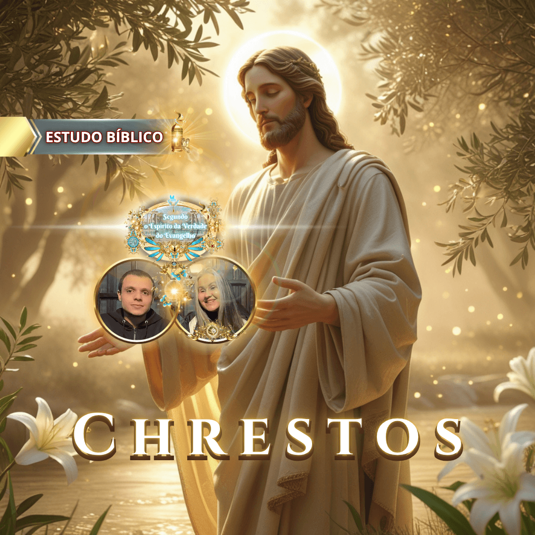 Jesus ensinando sobre o Fruto do Espírito, revelando a benignidade (chrestotes) em luz divina, em ambiente sereno entre oliveiras.