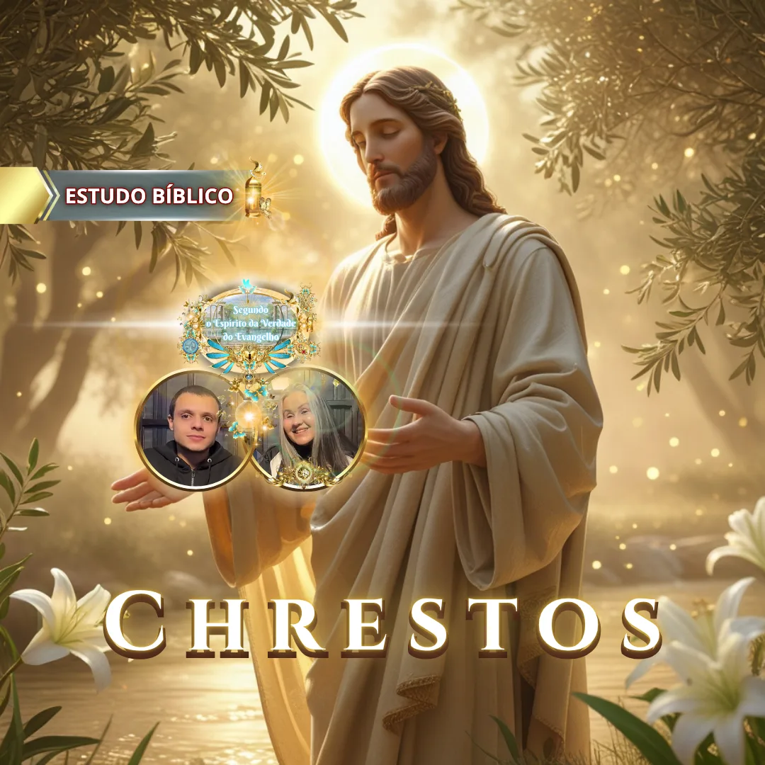 Jesus ensinando sobre o Fruto do Espírito, revelando a benignidade (chrestotes) em luz divina, em ambiente sereno entre oliveiras.
