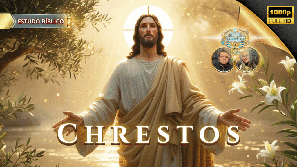 Jesus ensinando sobre o Fruto do Espírito, revelando a benignidade (chrestotes) em luz divina, em ambiente sereno entre oliveiras.