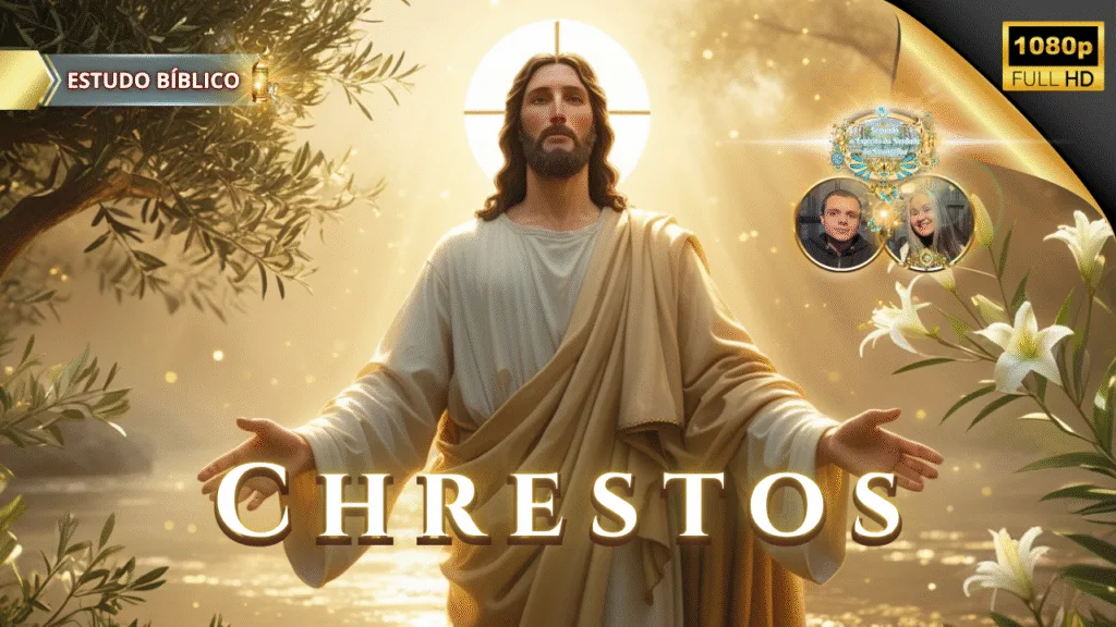Jesus ensinando sobre o Fruto do Espírito, revelando a benignidade (chrestotes) em luz divina, em ambiente sereno entre oliveiras.