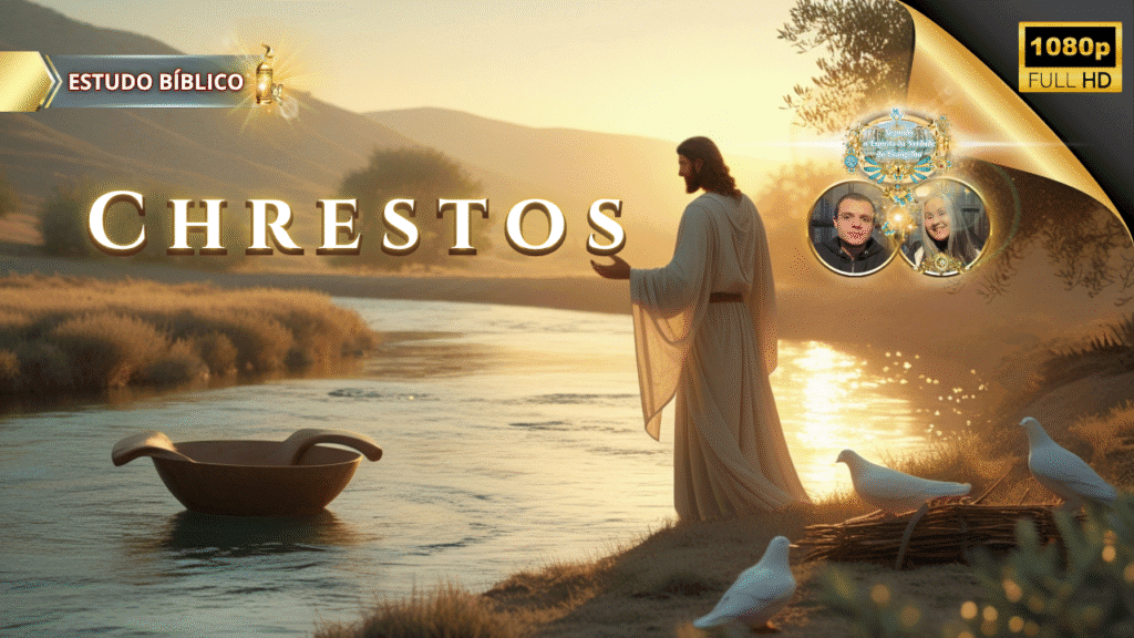 Imagem bíblica de Jesus à beira de um rio com um barquinho, pombas e a palavra "CHRESTOS" ao fundo, transmitindo paz e espiritualidade.