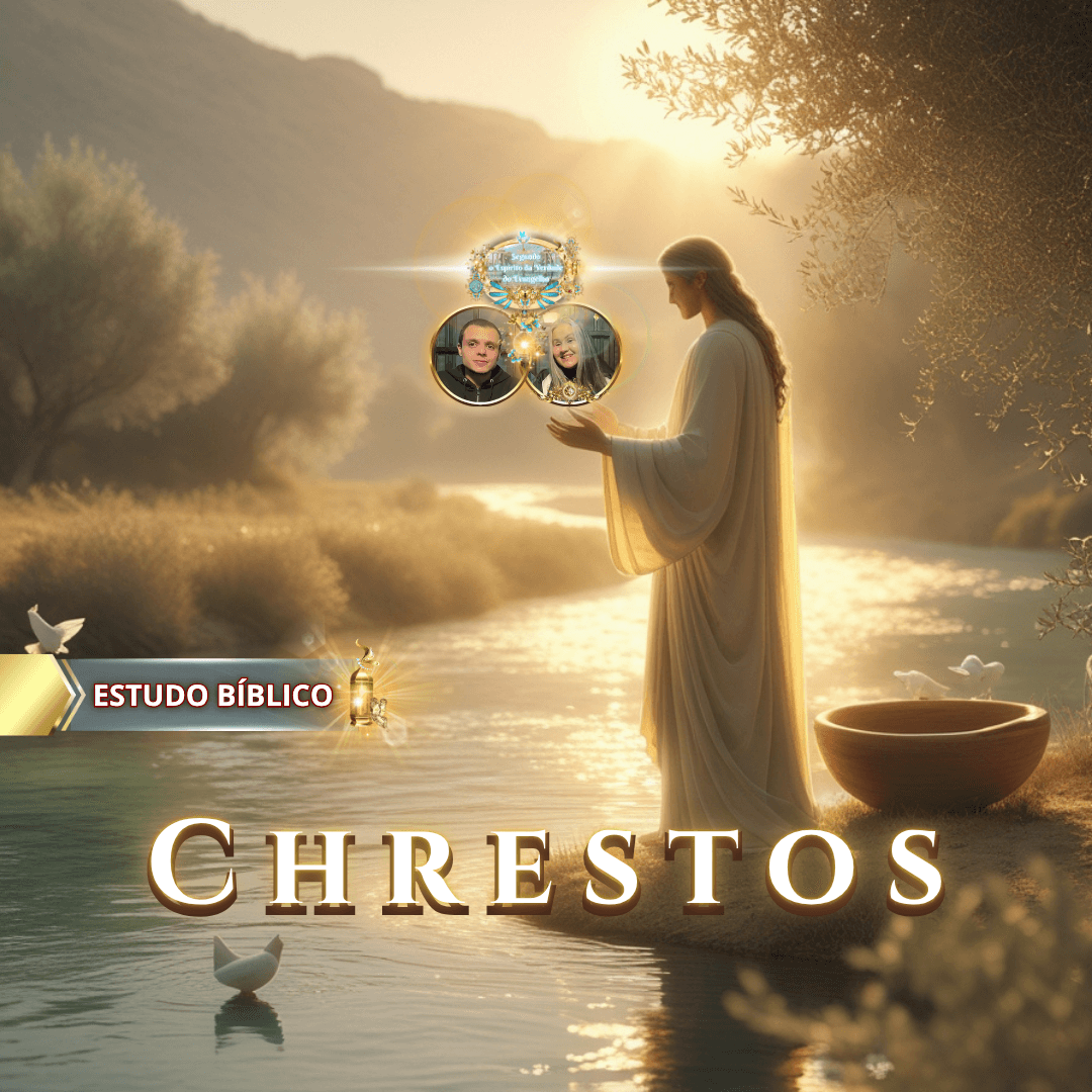 Imagem bíblica de Jesus à beira de um rio com um barquinho, pombas e a palavra "CHRESTOS" ao fundo, transmitindo paz e espiritualidade.