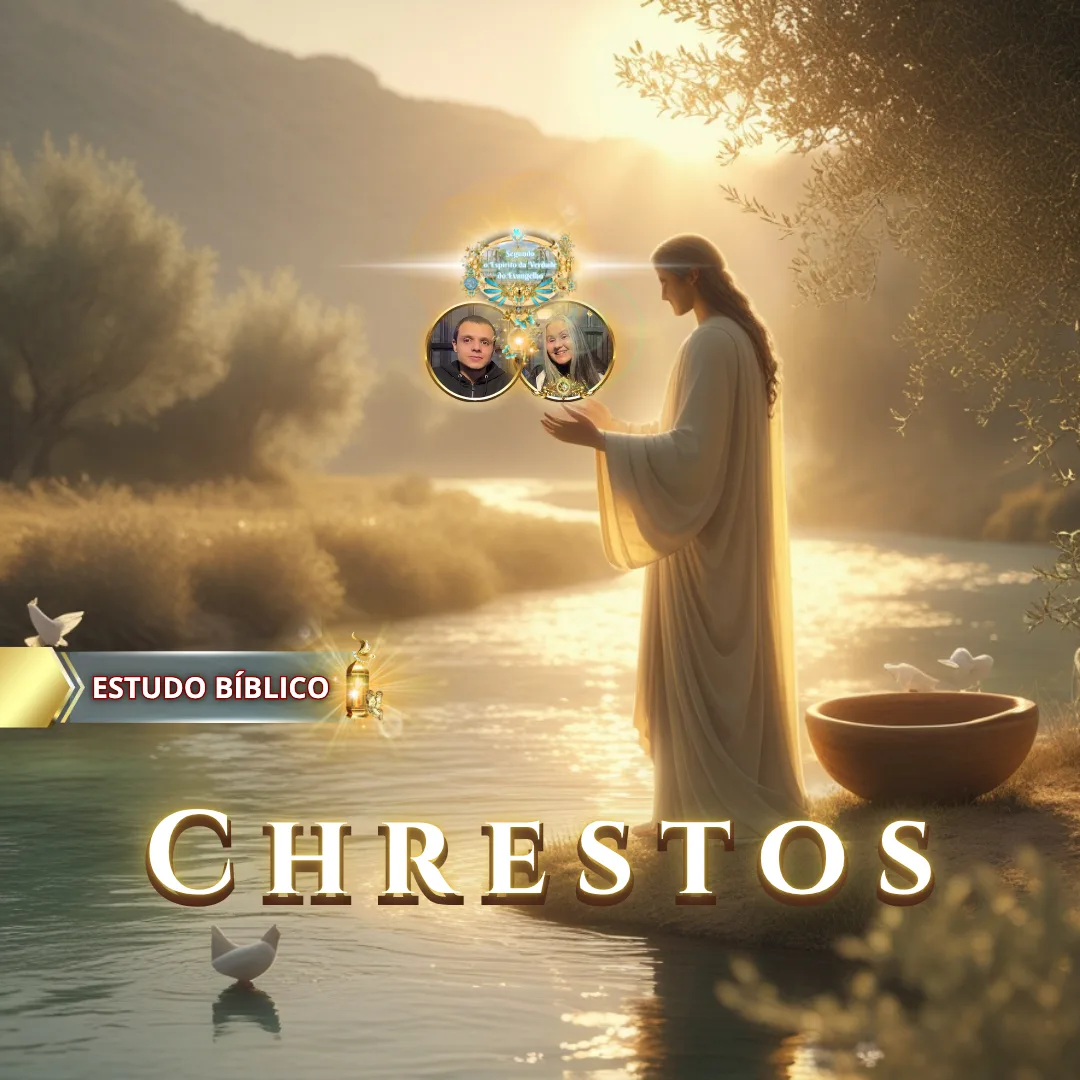 Imagem bíblica de Jesus à beira de um rio com um barquinho, pombas e a palavra "CHRESTOS" ao fundo, transmitindo paz e espiritualidade.